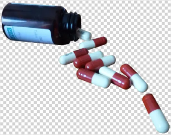 Medicine Bottle with Spilled Capsules PNG Transparent