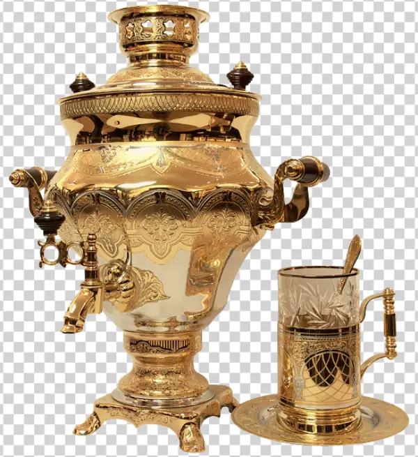 Golden Samovar and Tea Glass PNG Transparent Background