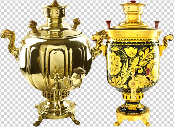 Two Golden Russian Samovars PNG Transparent Background
