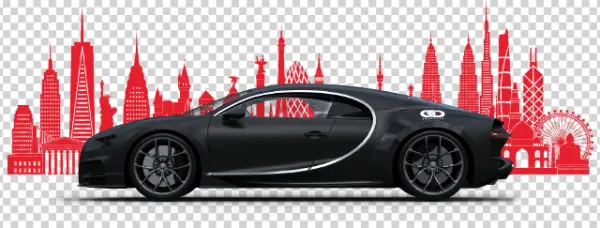 Black Bugatti Chiron with Red City Skyline PNG