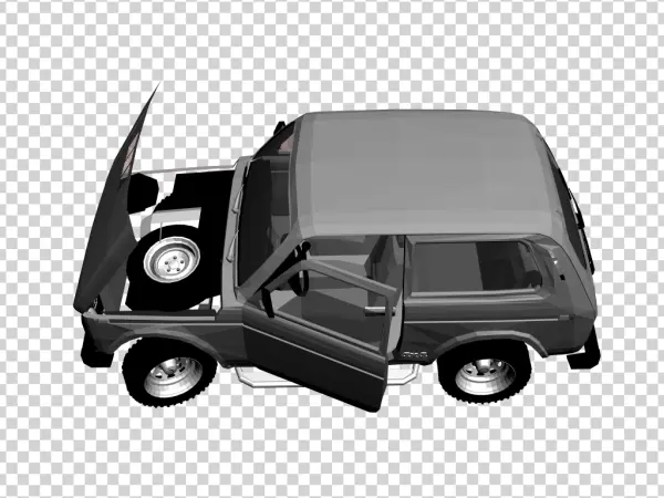 Gray Low-Poly SUV with Open Hood and Door PNG Transparent