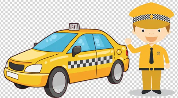 Cartoon Yellow Taxi and Driver PNG