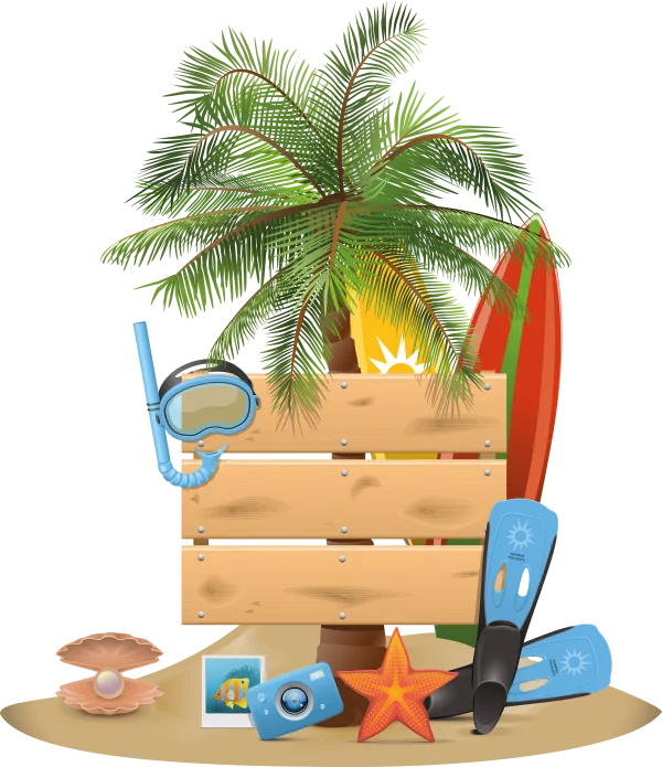Summer Beach Holiday Sign with Palm Tree and Gear PNG