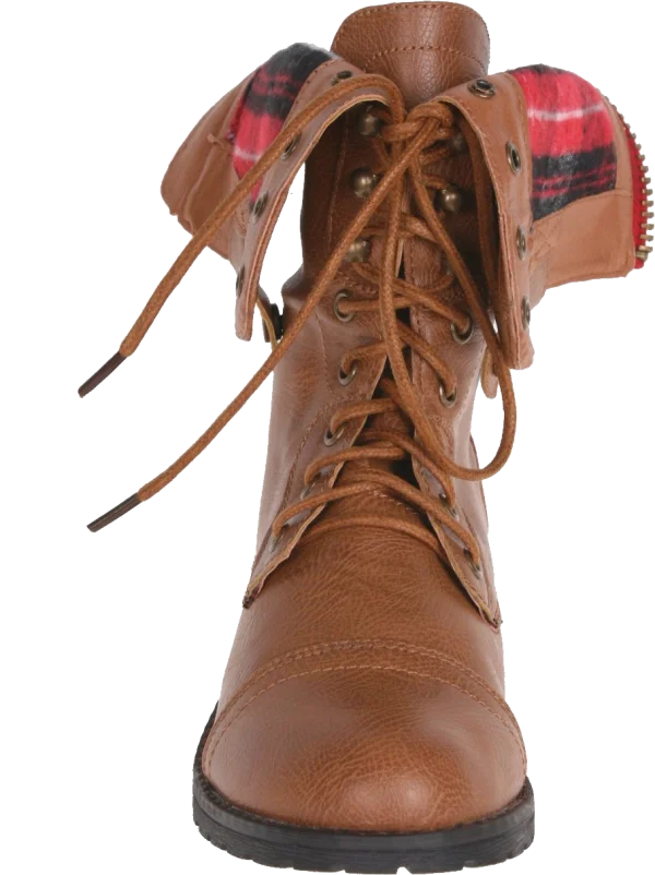 Brown Lace-Up Boot with Plaid Lining PNG Transparent Background