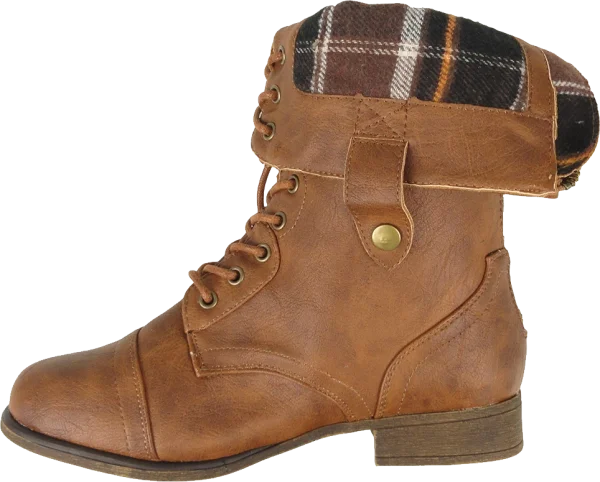 Brown Combat Boot with Fold-Over Plaid Cuff