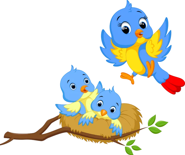 Cute Cartoon Birds in Nest with Flying Bird PNG