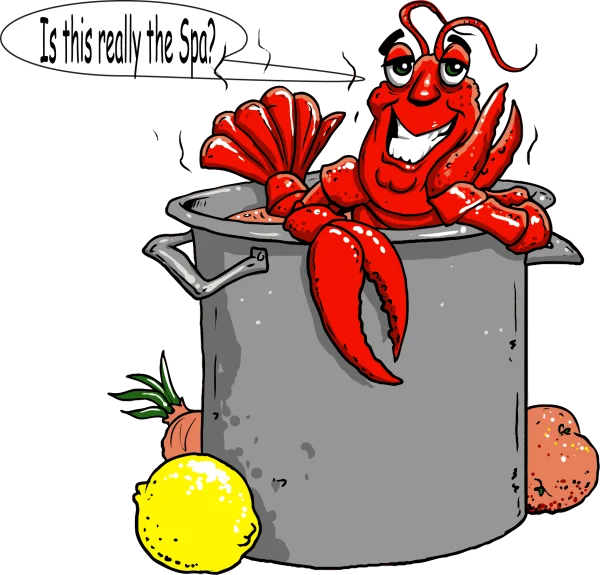 Humorous Cartoon Lobster in Cooking Pot PNG