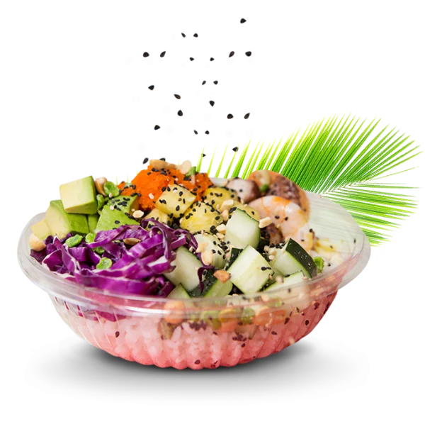 Fresh Poke Bowl with Tropical Leaf PNG