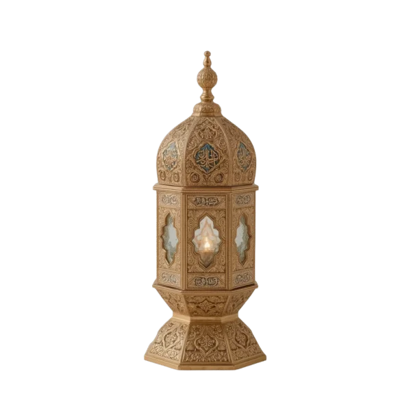 Ornate Golden Islamic Lantern with Candle PNG Transparent Background