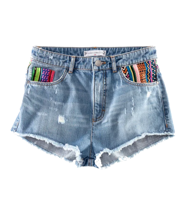 Distressed Denim Shorts with Boho Pockets