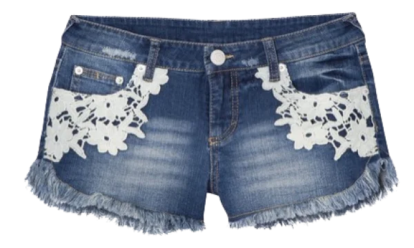 Distressed Blue Denim Shorts with White Lace PNG