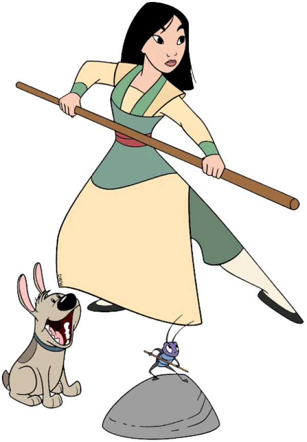 Mulan with Staff, Cri-Kee, and Little Brother PNG Transparent