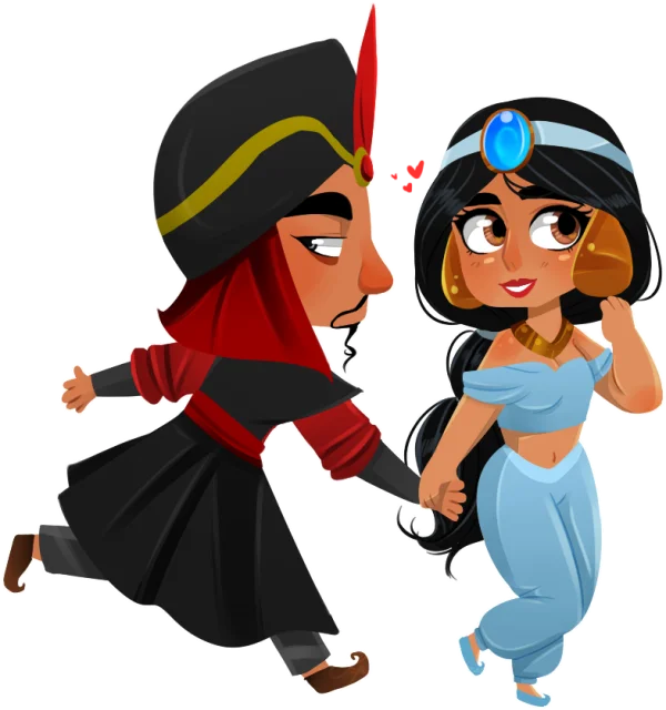 Chibi Jafar and Jasmine Holding Hands PNG