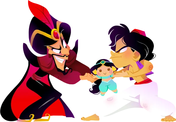 Aladdin and Jafar Fighting over Chibi Jasmine PNG